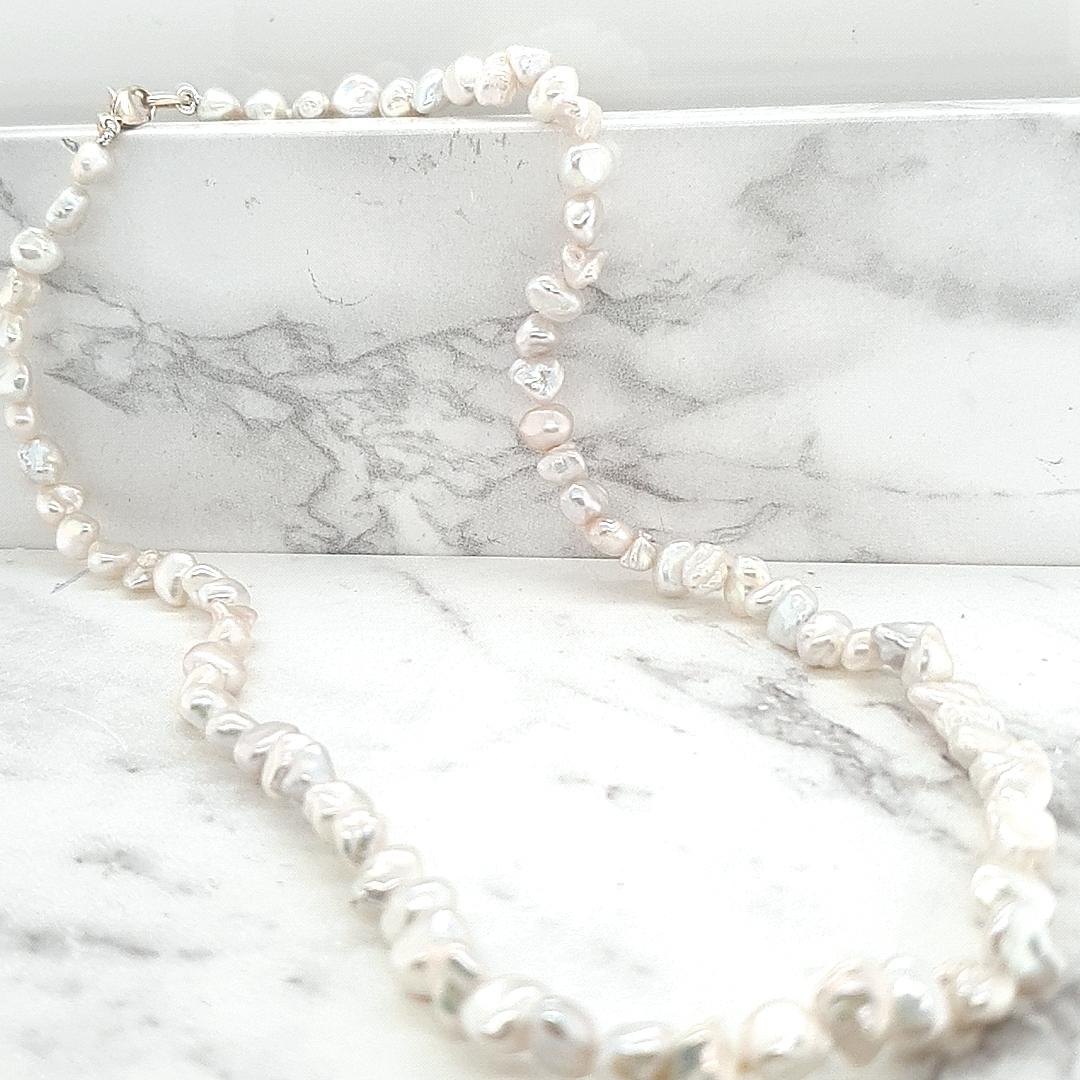 White Keshi Pearls with Sterling Silver Clasp Necklace