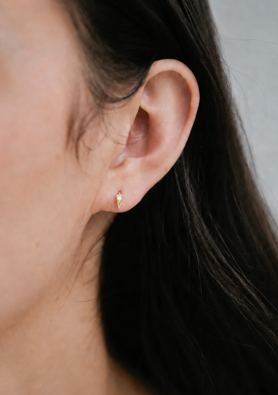 White Sapphire 14k Yellow Gold Spike Stud Earrings