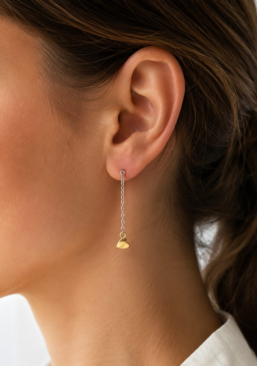 9ct White & Yellow Gold Heart Drop Stud Earrings