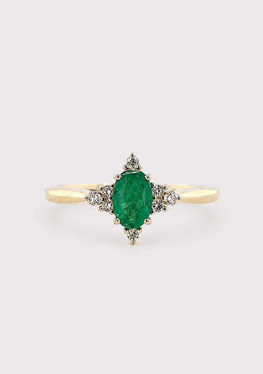 9ct Yellow Gold Emerald & Diamond Ring