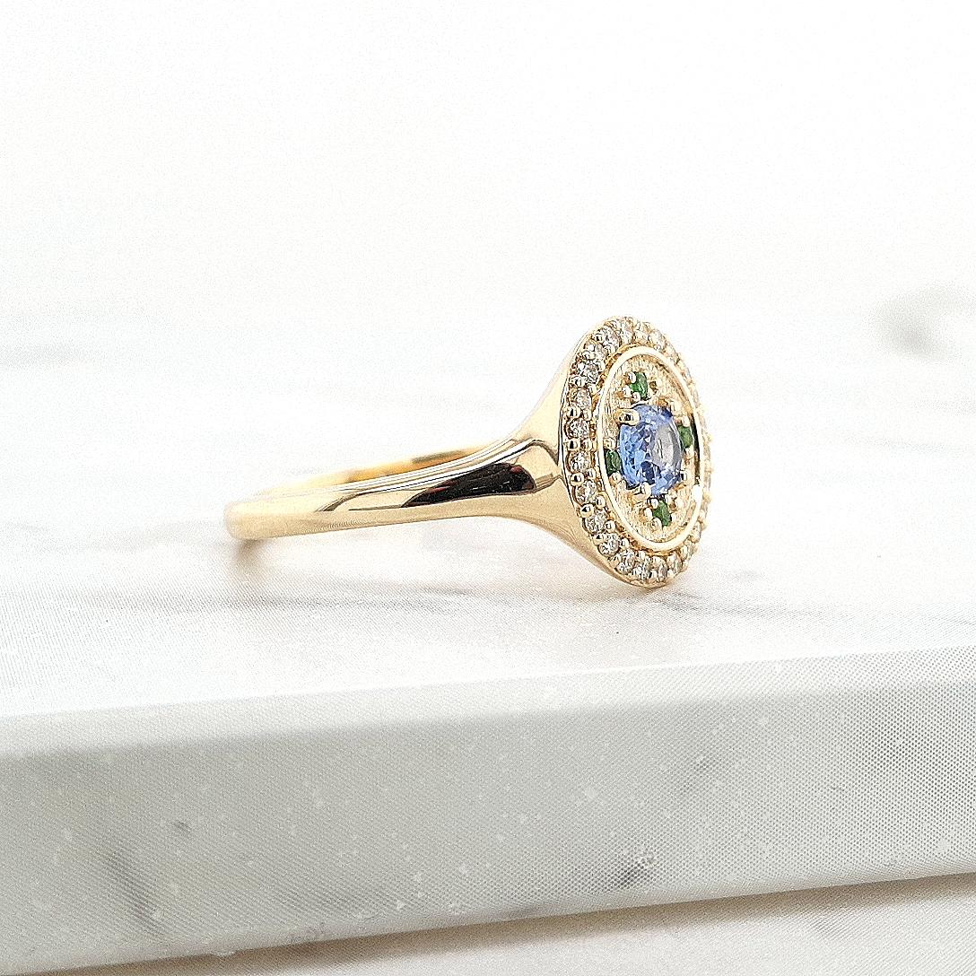 Ceylonese Sapphire, Tsavorite & Diamond 9k Yellow Gold Signet Style Ring