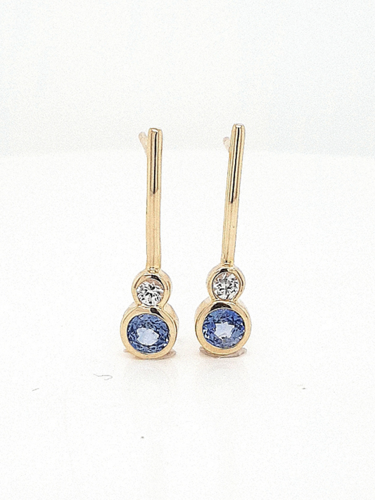 Ceylonese Sapphire & White Sapphire 9k Yellow Gold Drop Stud Earrings