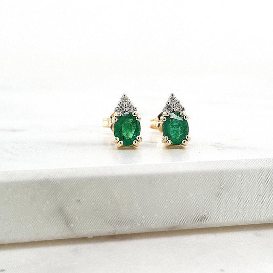 Emerald & Diamond 9k Yellow Gold Stud Earrings