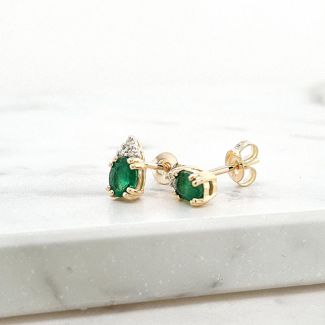 Emerald & Diamond 9k Yellow Gold Stud Earrings