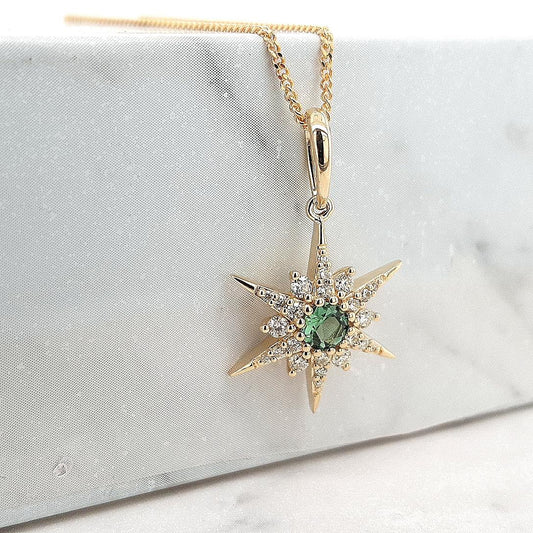 Mint Tourmaline & Diamond 9k Yellow Gold Star Pendant