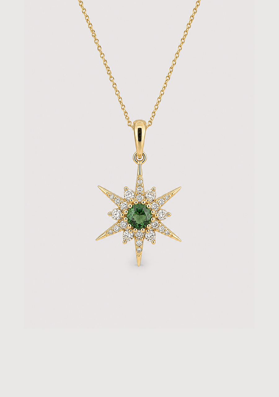 Mint Tourmaline & Diamond 9k Yellow Gold Star Pendant
