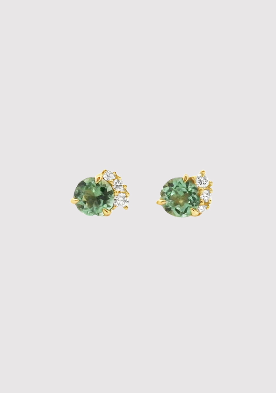 Mint Tourmaline & Diamond 9k Yellow Gold Stud Earrings