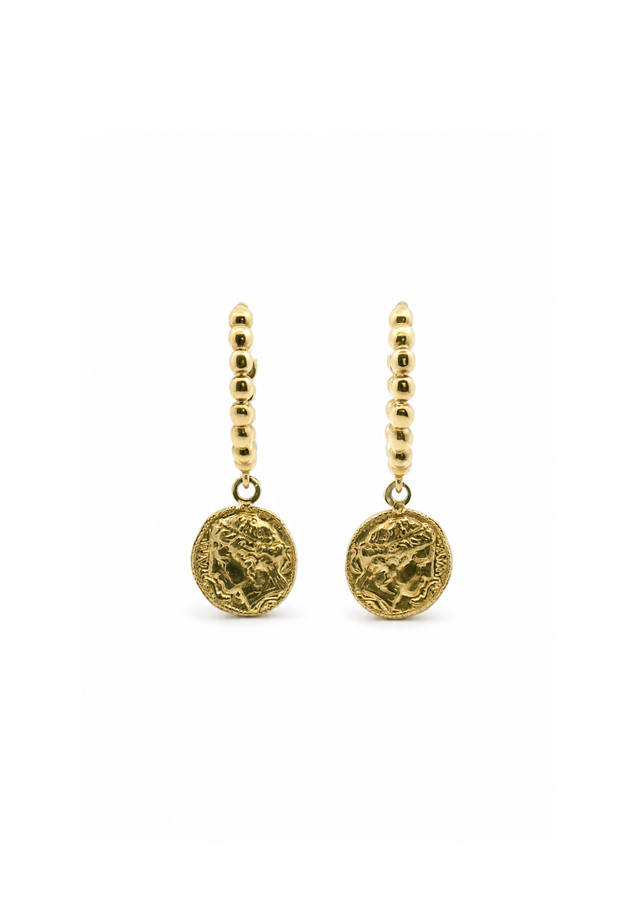 9ct Yellow Gold Beaded Greek Medallion Huggie Earrings