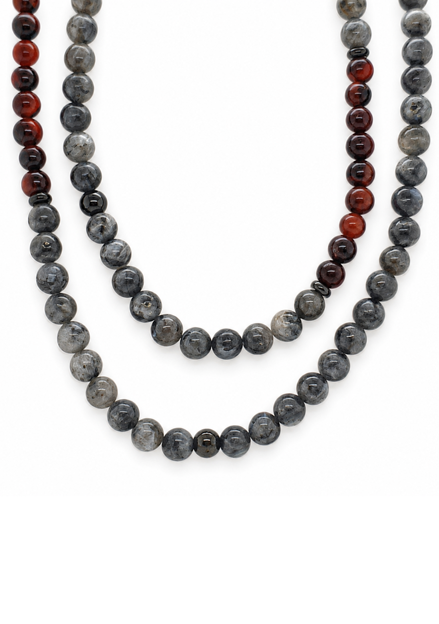 Labradorite & Red Tigers Eye Stainless Steel Beaded Stretch Necklace