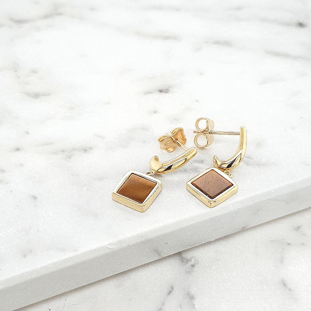 Tigers Eye 9ct Yellow Gold Square Drop Stud Earrings