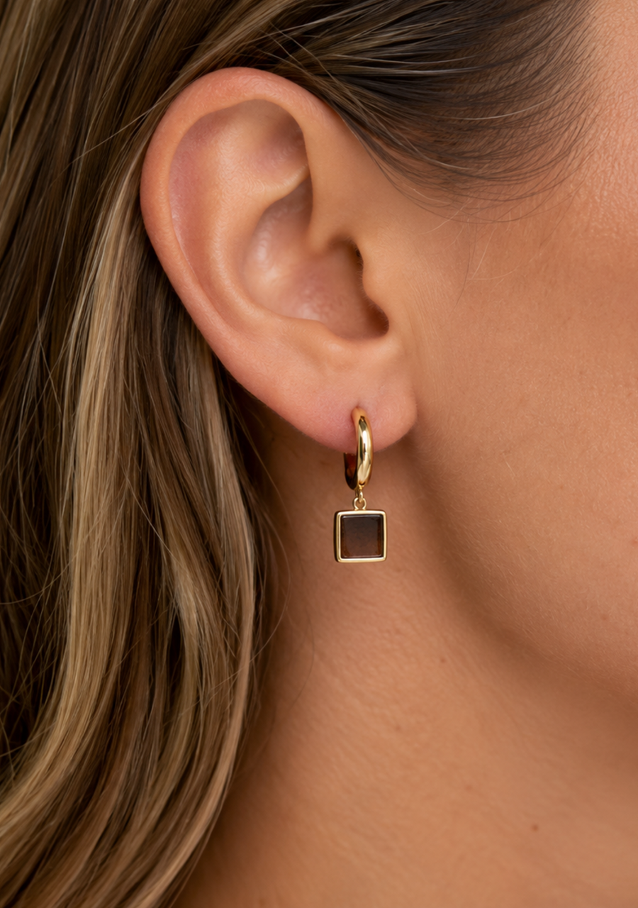 9ct Yellow Gold Tigers Eye Square Drop Stud Earrings