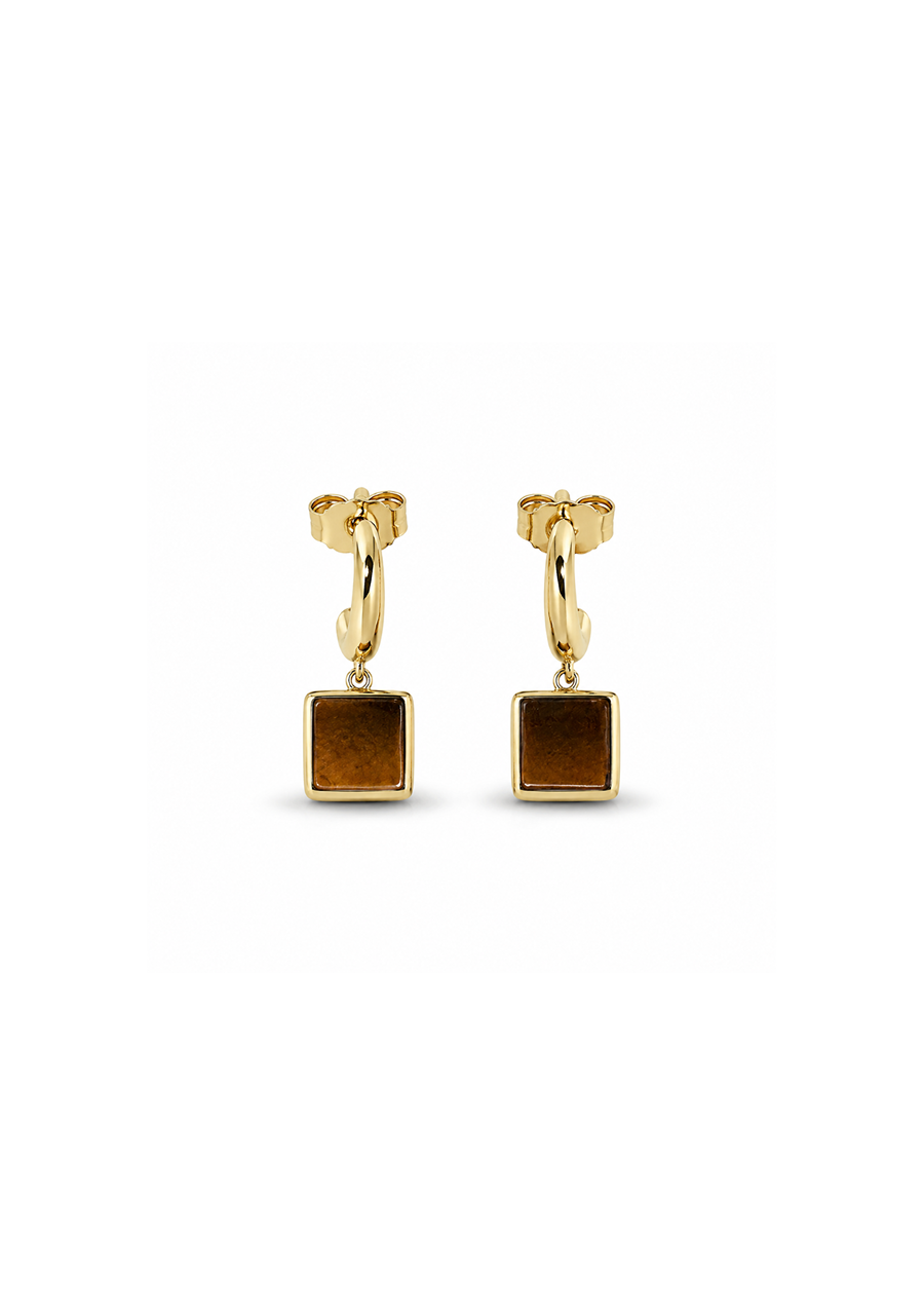 9ct Yellow Gold Tigers Eye Square Drop Stud Earrings