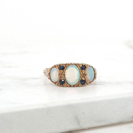 Estate 9ct Yellow Gold Opal & Sapphire Ring