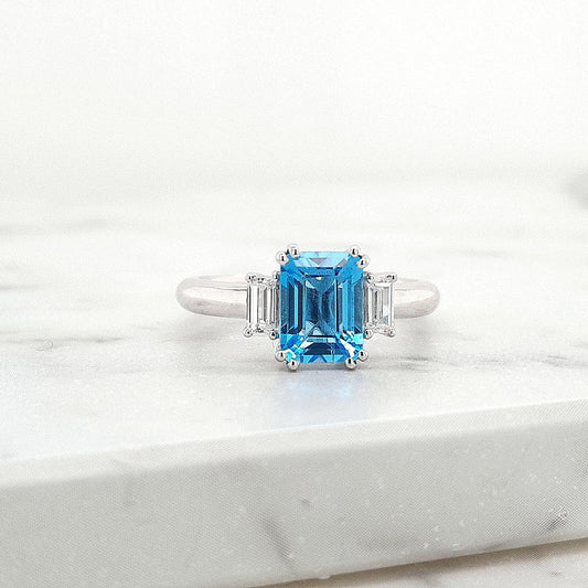 Blue Topaz & Lab Grown Diamond Three Stone Ring