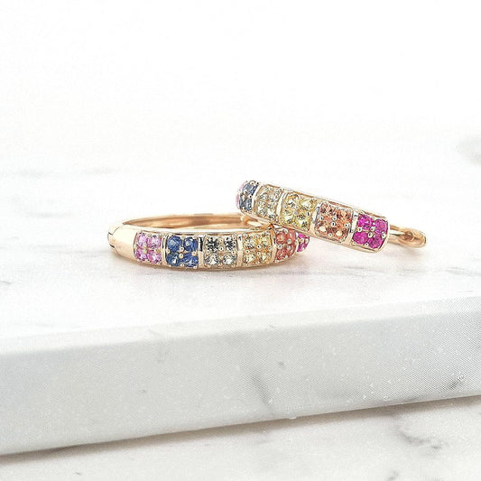 Multi Coloured Sapphire 9ct yellow Gold Pave Set Hoop Earrings