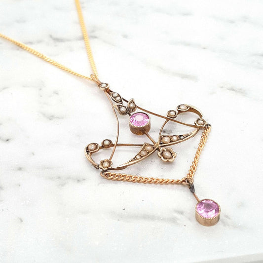 Estate 9ct Yellow Gold Pendant with Seed Pearls and Pink Cubic Zirconias