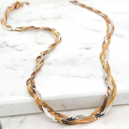 Estate 9ct Tri Tone Braided Flat Link Necklace