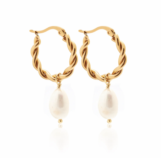 Silk and Steel Bianca Twisted Hoops with Large Baroque Pearl Pendant