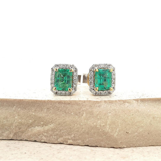 Emerald & Diamond 18ct White Gold Stud Earrings