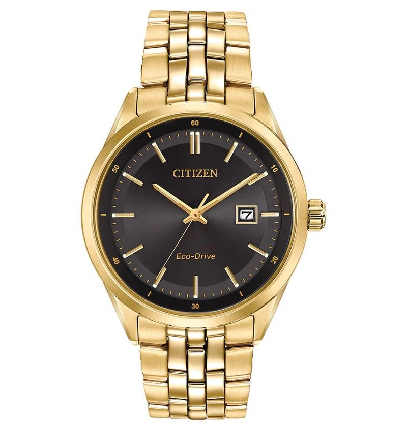 Citizen Gents Eco-Drive Yellow Gold Plated Black Face Watch 100m Water Resistant BM7252-51E