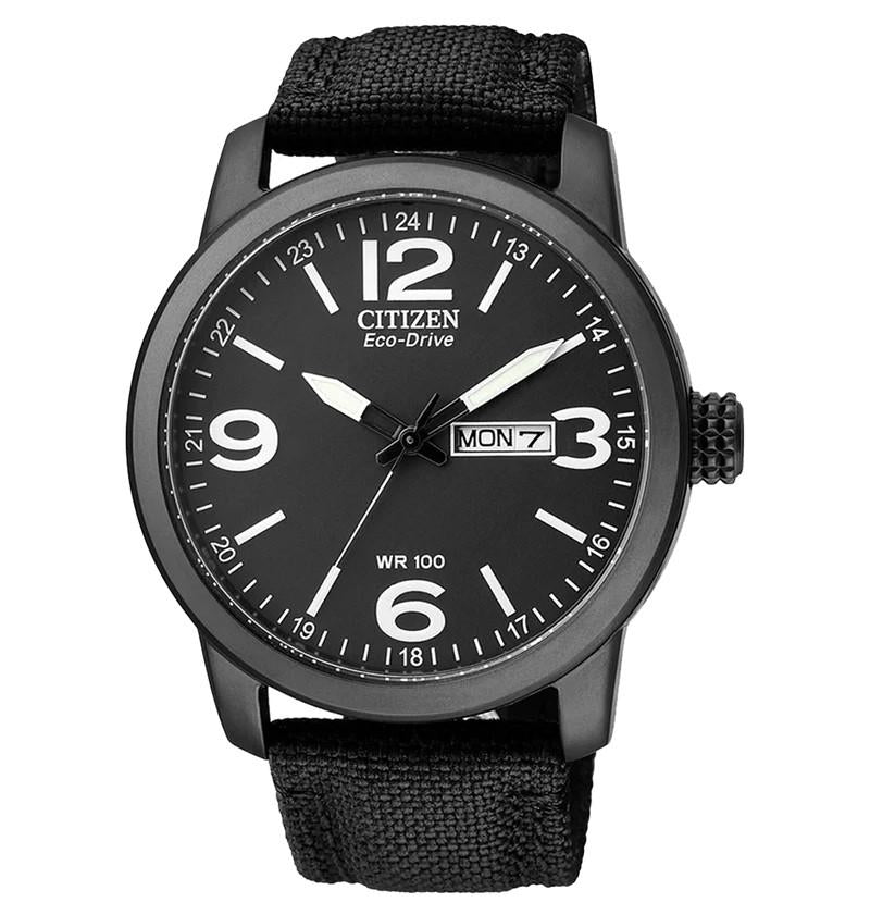 Citizen Gents Eco-Drive Black Face Black Material Strap Watch 100m Water Resistant Watch