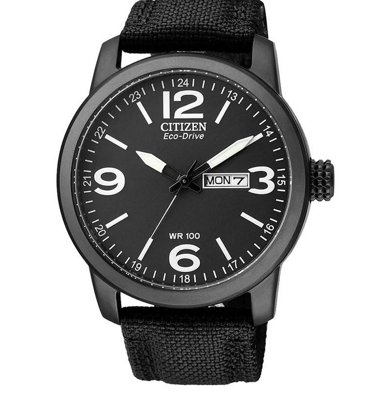 Citizen Gents Eco-Drive Black Face Black Material Strap Watch 100m Water Resistant BM8475-34E