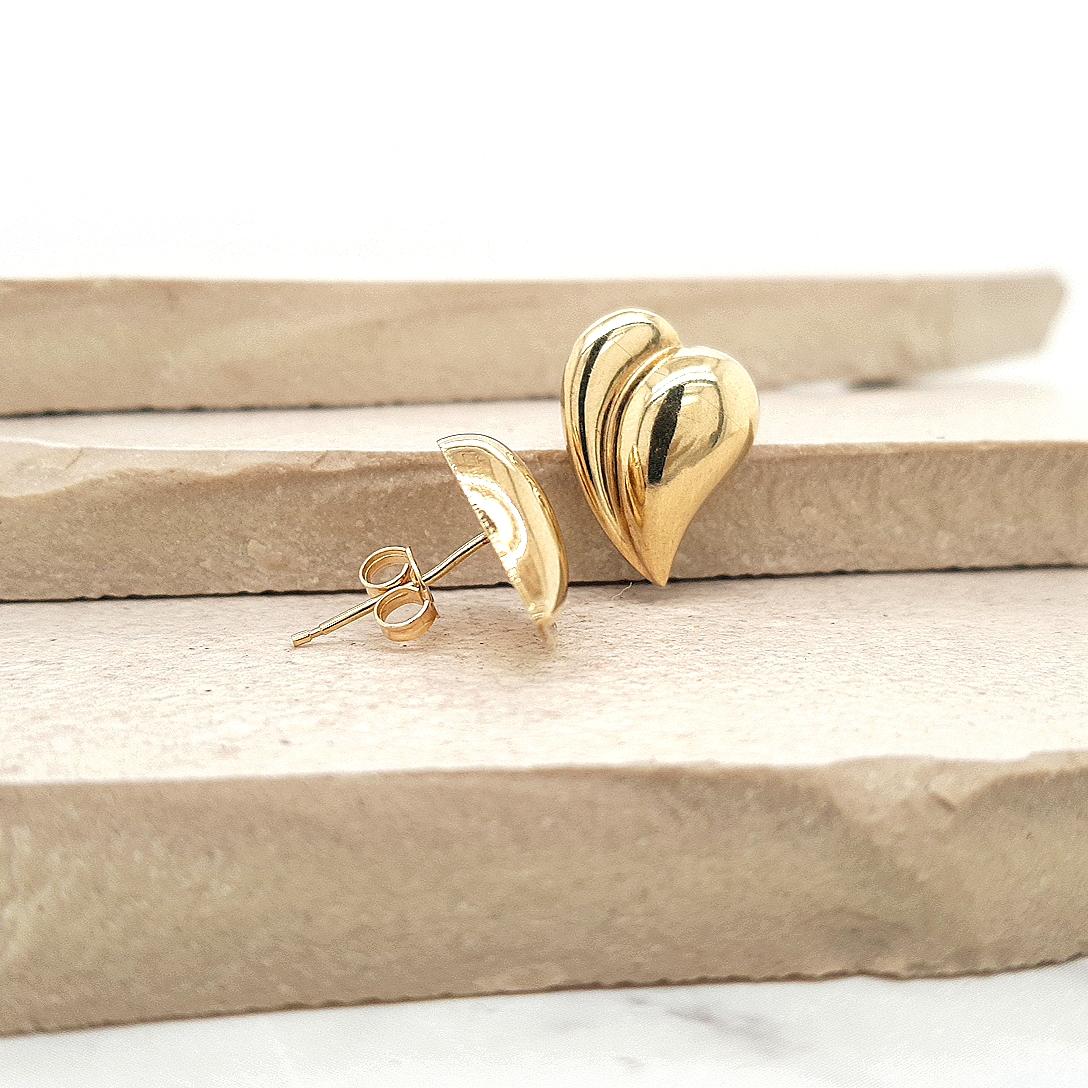 Estate 9ct Yellow Gold Puff Heart Hollow Stud Earrings