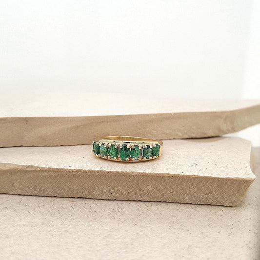Estate 10ct Yellow Gold Oval Emerald Seven Stone Ring