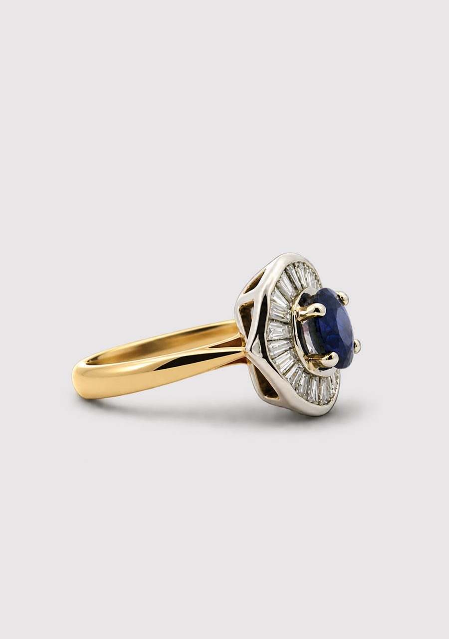 18ct Yellow Gold & Platinum Sapphire & Diamond Halo Ring