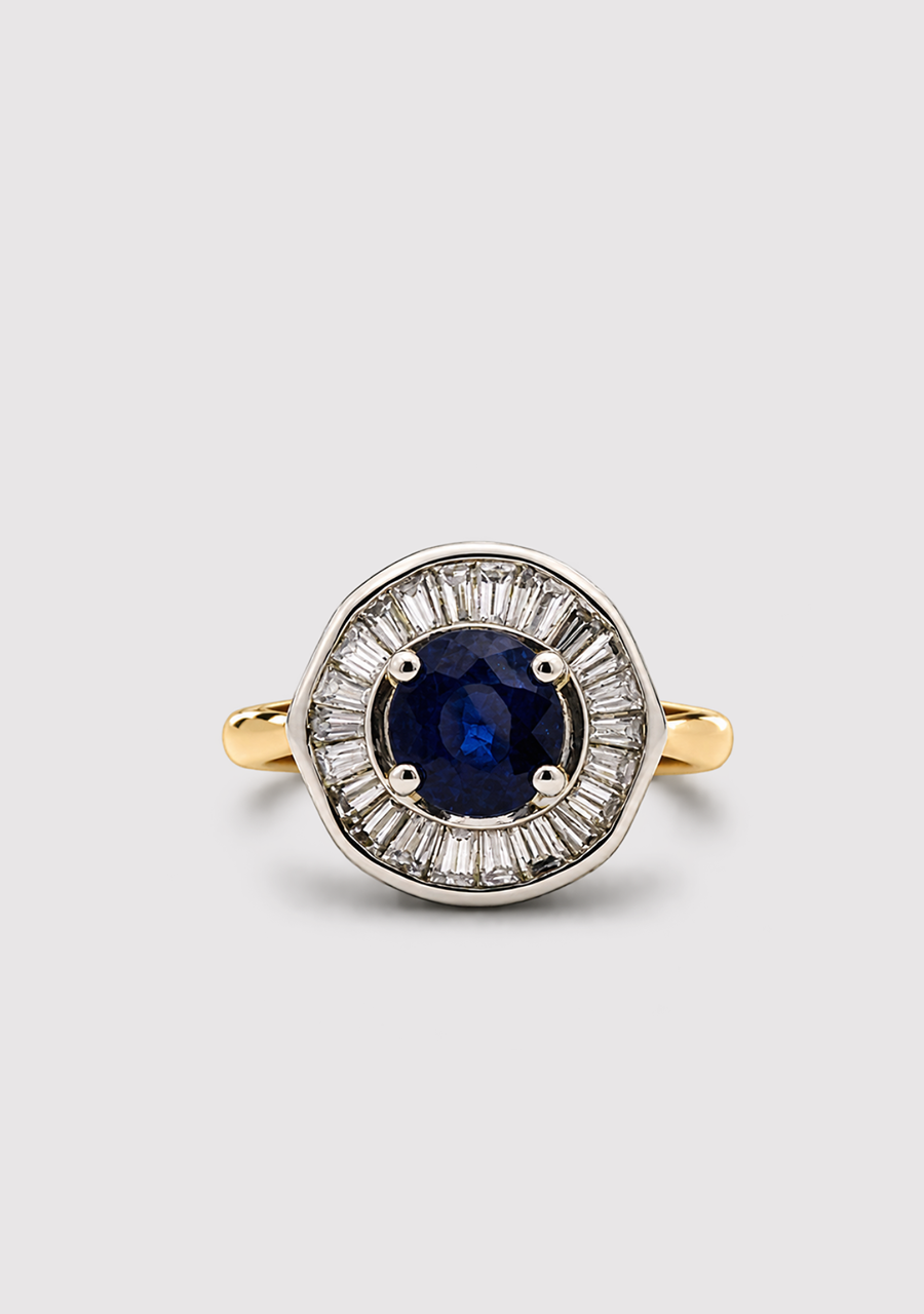 18ct Yellow Gold & Platinum Sapphire & Diamond Halo Ring