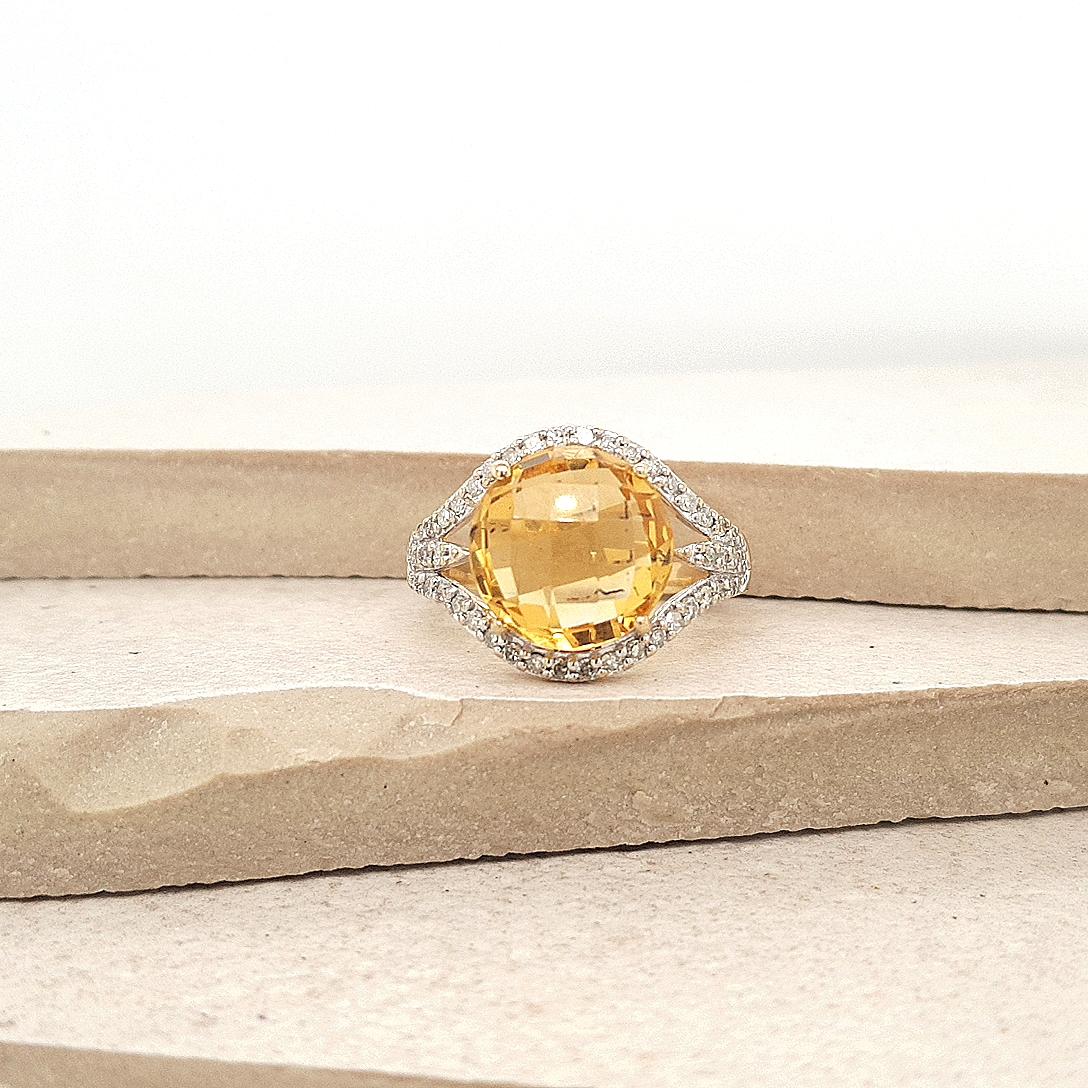 Estate 9ct Yellow Gold Checkerboard Cut Citrine and Diamond Ring