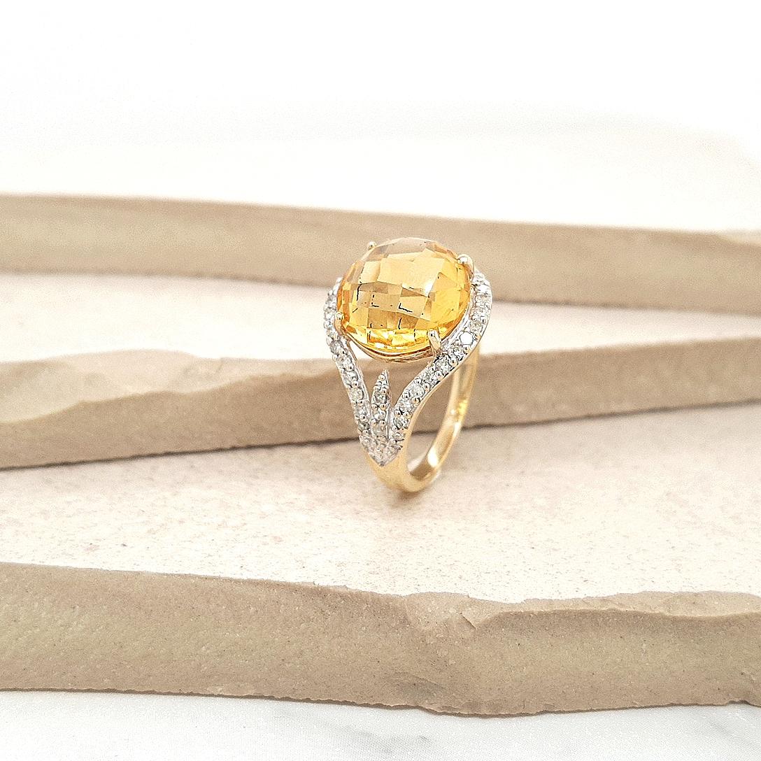 Estate 9ct Yellow Gold Checkerboard Cut Citrine and Diamond Ring