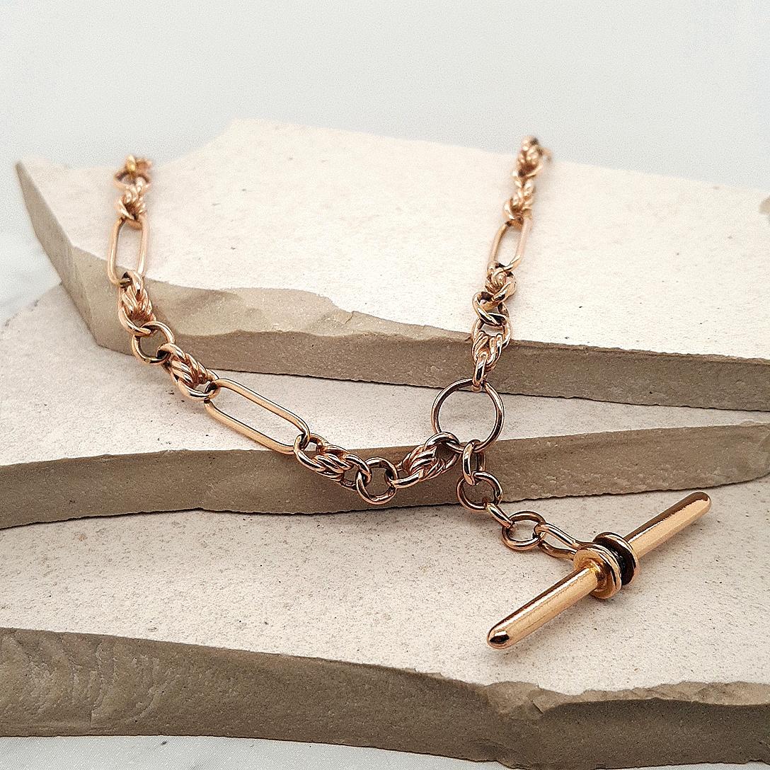 Estate 9ct Rose Gold Paper Link Figaro Chain with T-Bar