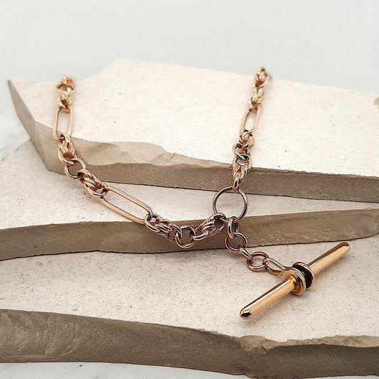 Estate 9ct Rose Gold Paper Link Figaro Chain with T-Bar