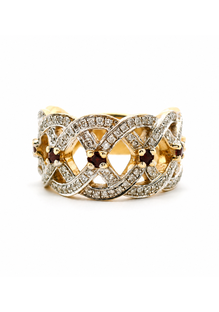 Ruby & Diamond  9ct Yellow Gold Fancy Wide Band Ring