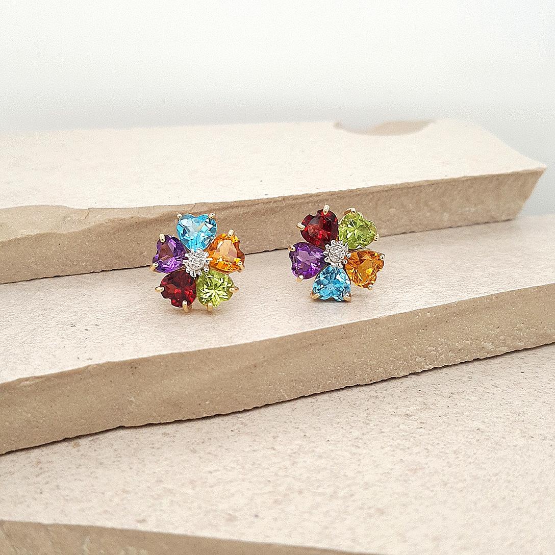 Estate 14ct Yellow Gold Garnet, Peridot, Citrine, Amethyst, Blue Topaz and Diamond Cluster Stud Earrings