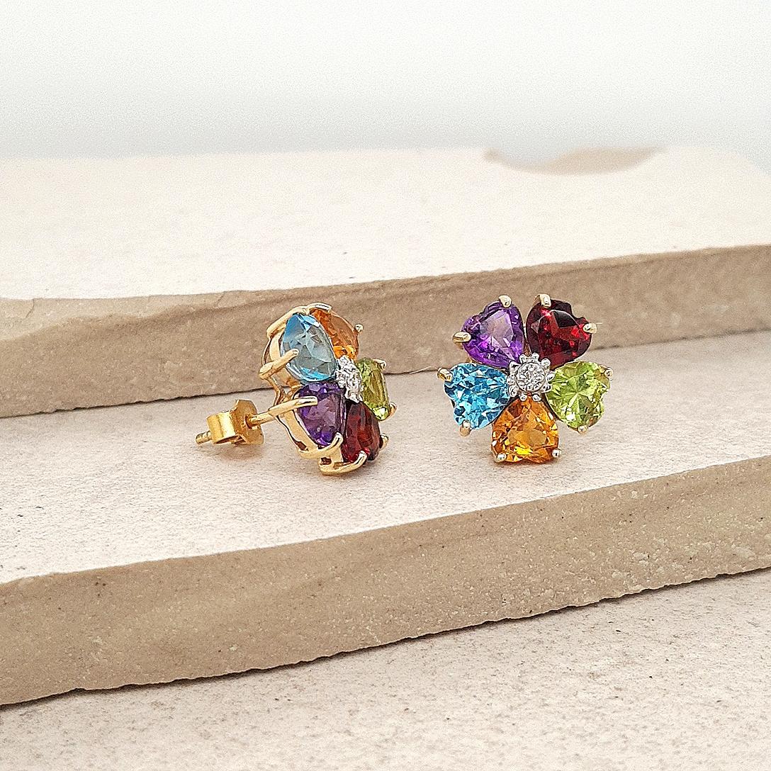 Estate 14ct Yellow Gold Garnet, Peridot, Citrine, Amethyst, Blue Topaz and Diamond Cluster Stud Earrings