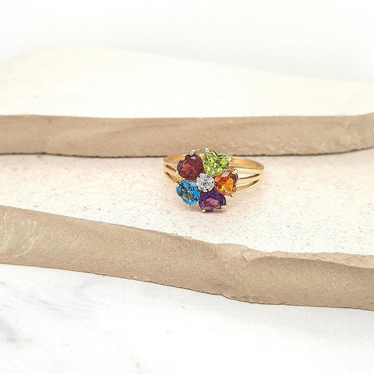 Estate 14ct Yellow Gold Amethyst, Garnet, Citrine, Peridot, Blue Topaz and Diamond Ring