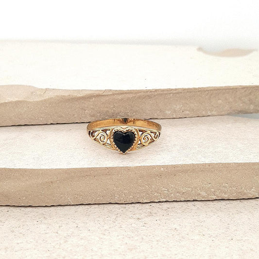 Estate 9ct Yellow Gold Heart Onyx Signet Ring