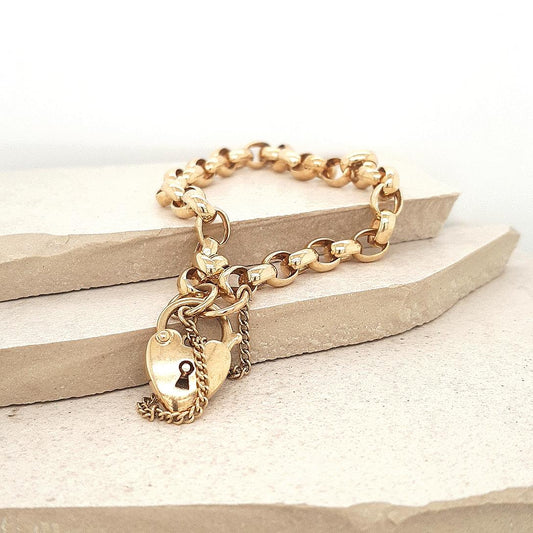 Estate 9ct Yellow Gold Belcher Bracelet with Heart Catch