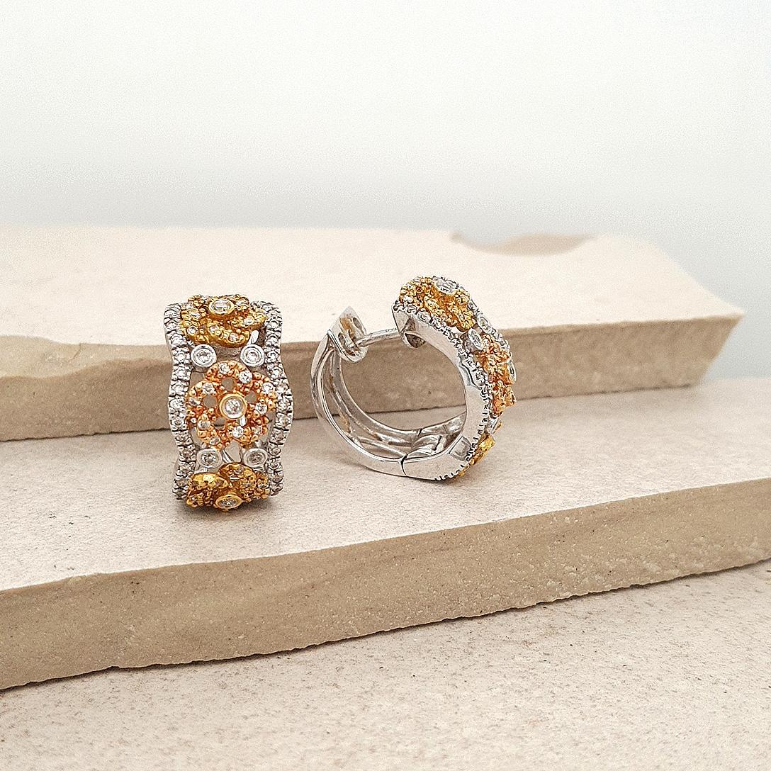 Estate 18ct Tritone Diamond Floral Hoop Earrings