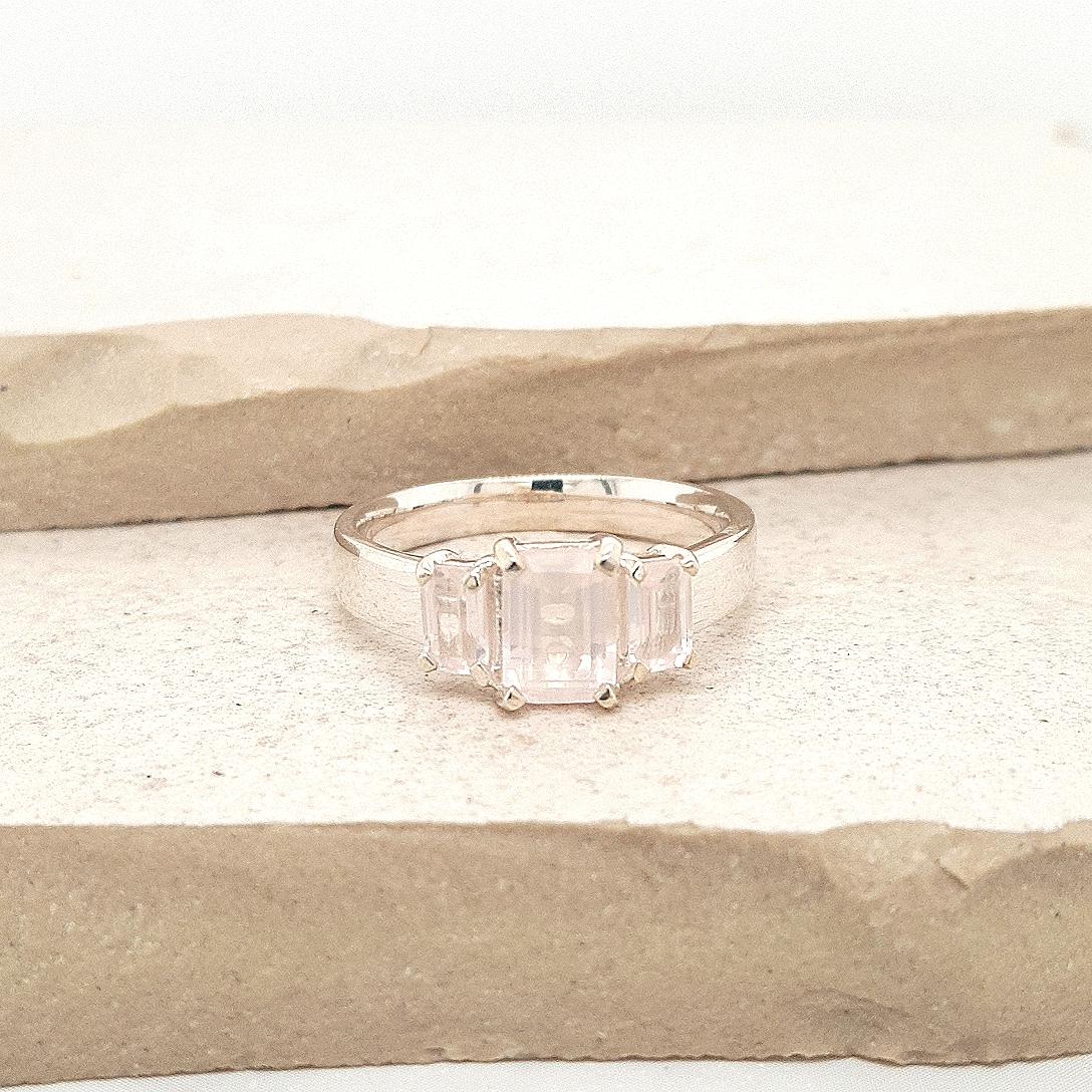 Sterling Silver Three Stone Rose Quartz Ring