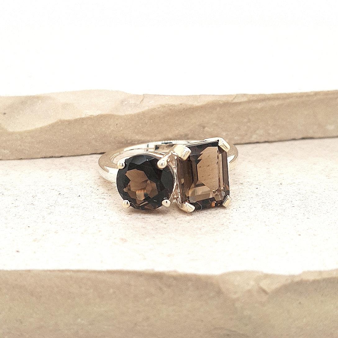 Sterling Silver Smoky Quartz Two Stone Ring