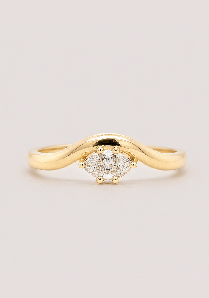 9ct Yellow Gold Marquise Diamond Claw Set Organic Curved Band