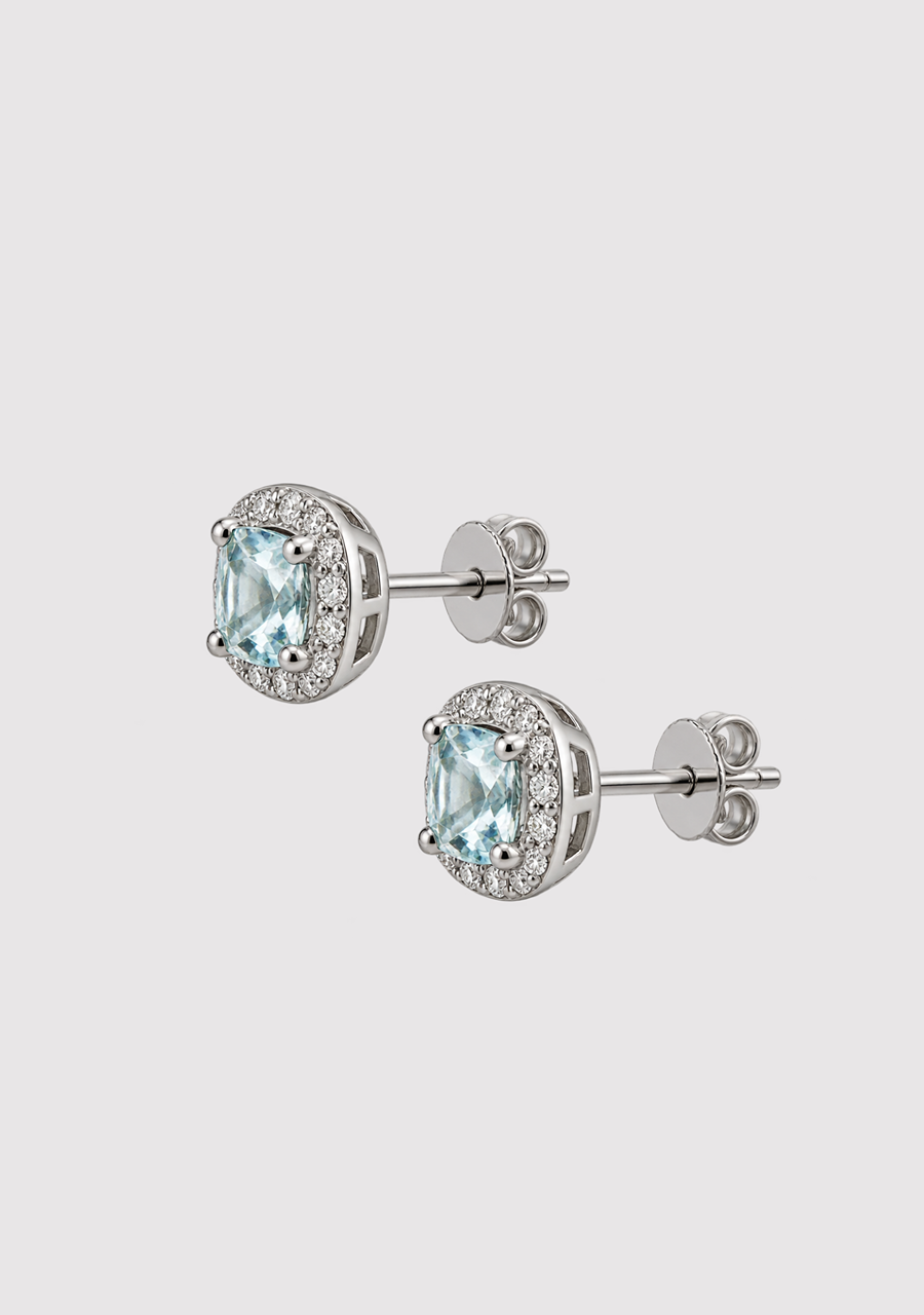 Aquamarine & Diamond 9ct White Gold Halo Stud Earrings