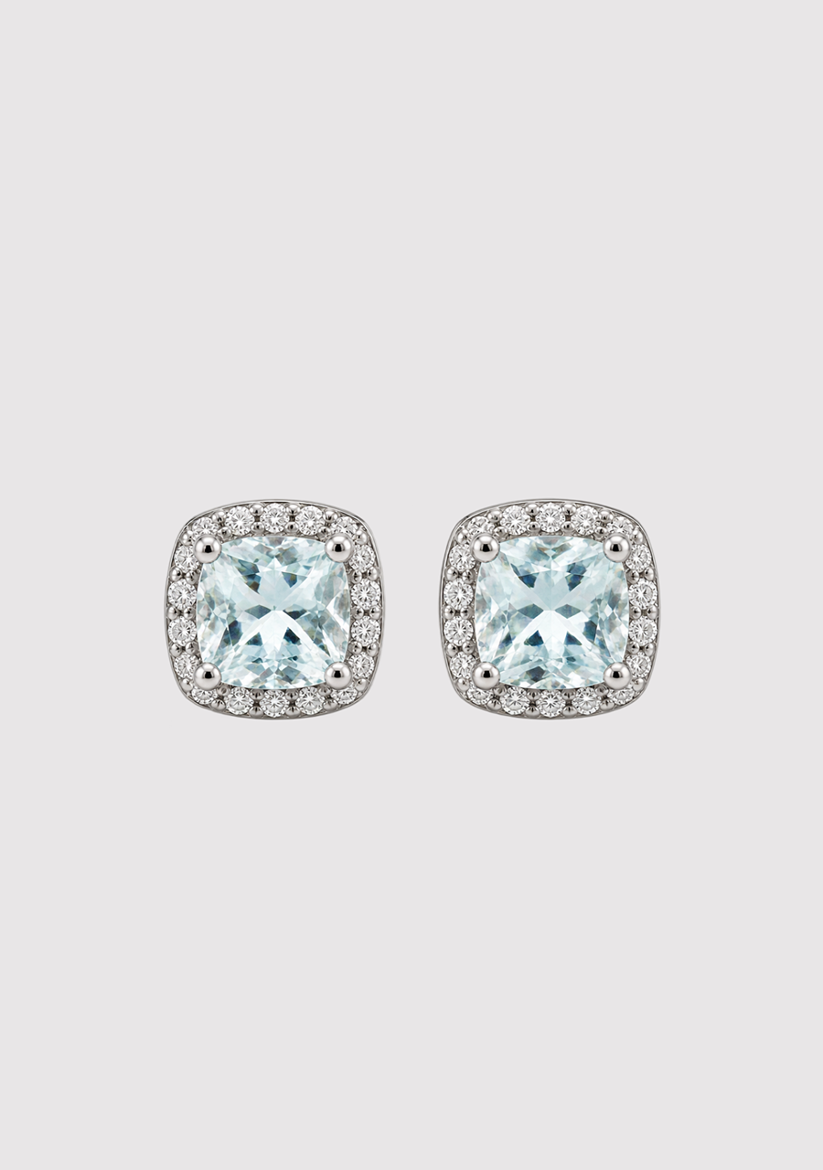 Aquamarine & Diamond 9ct White Gold Halo Stud Earrings