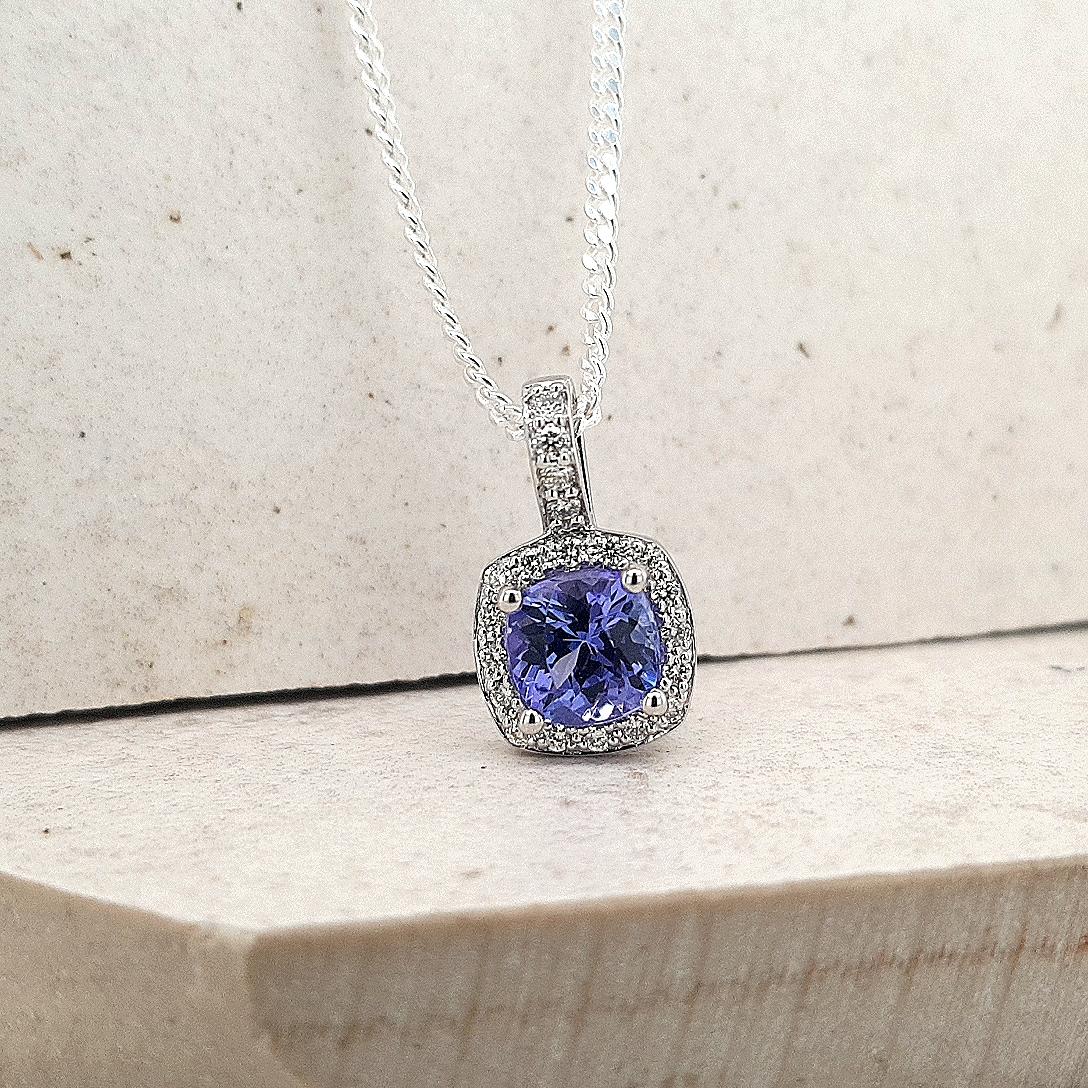 Tanzanite & Diamond 9ct White Gold Halo Pendant