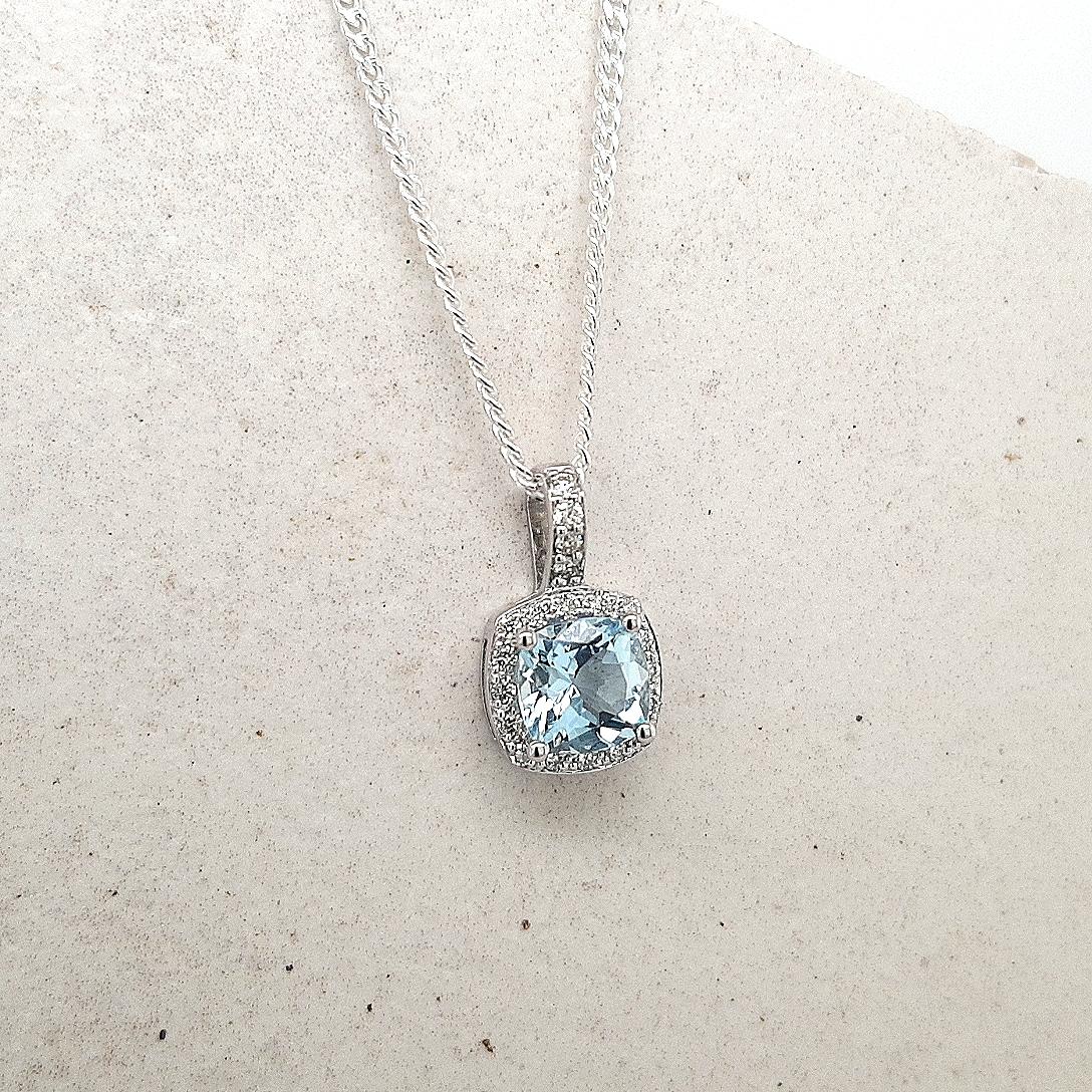 Aquamarine & Diamond 9ct White Gold Halo Pendant