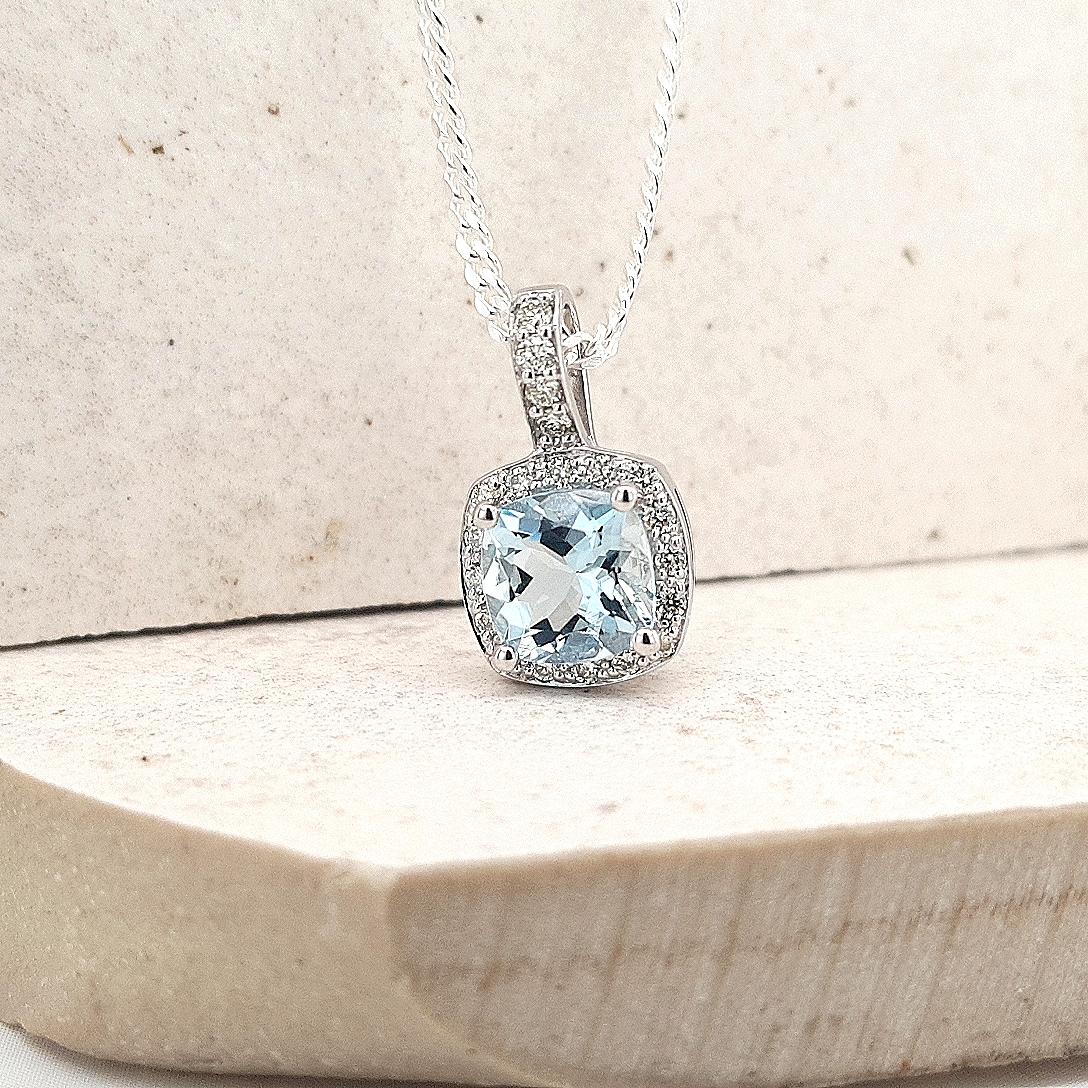 Aquamarine & Diamond 9ct White Gold Halo Pendant