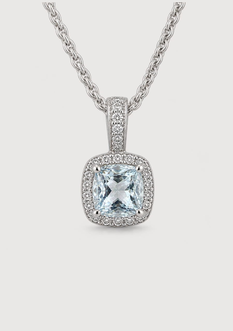 Aquamarine & Diamond 9ct White Gold Halo Pendant